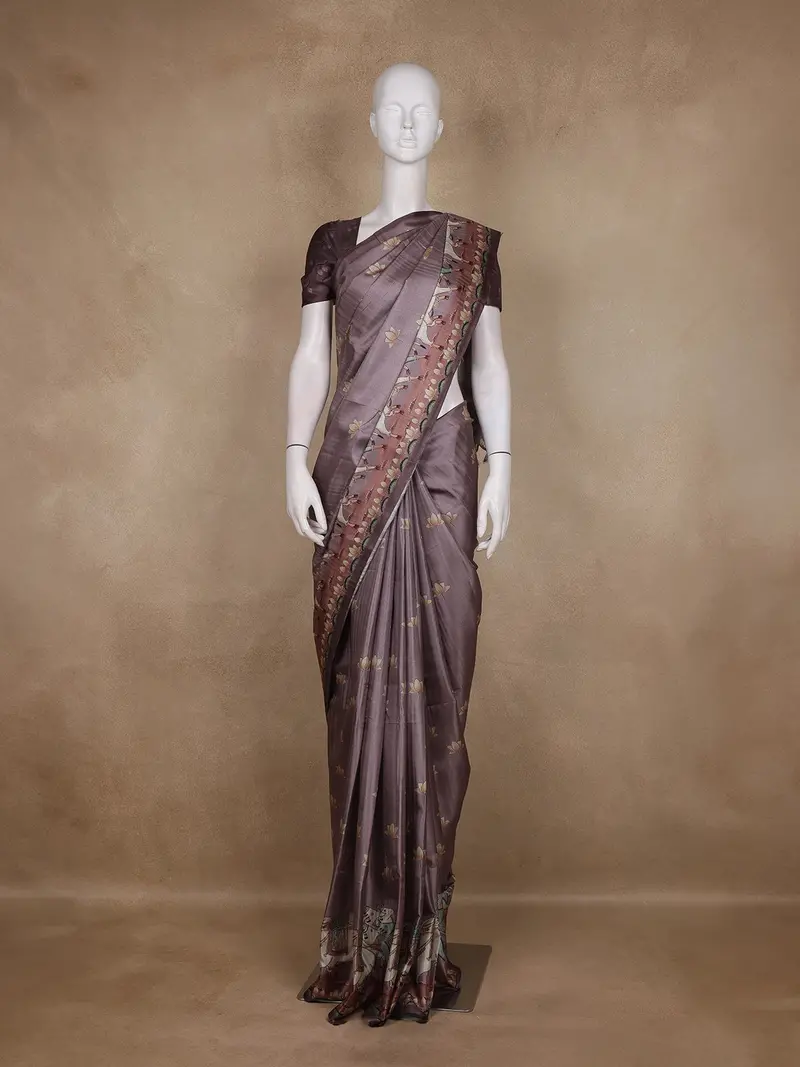 Dusty Mauve Floral Printed Design Tussar Saree With Contrast Border 1