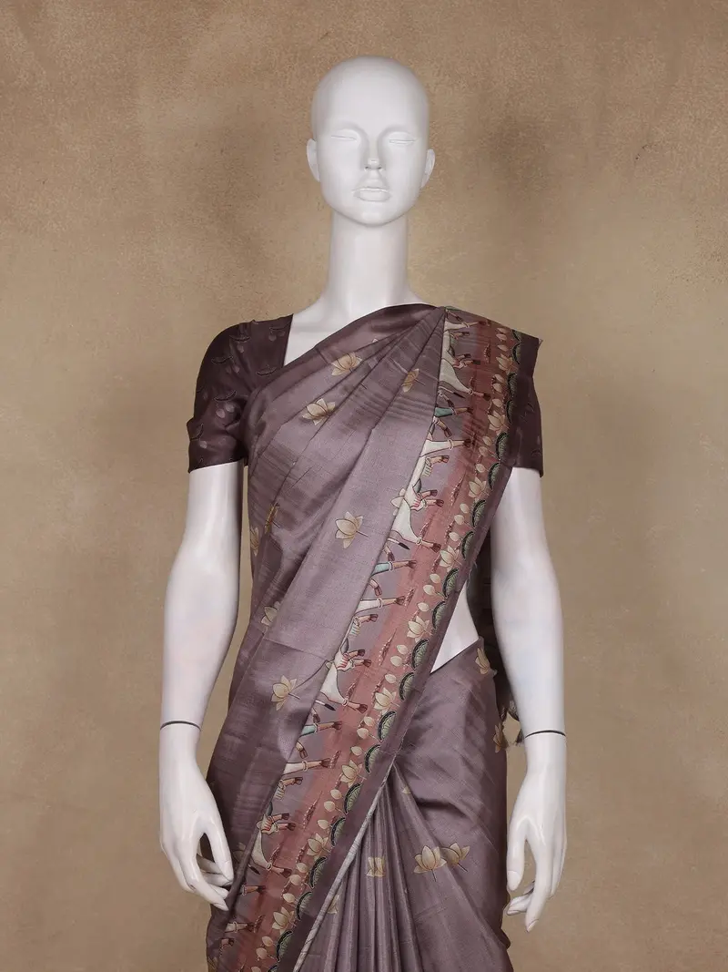 Dusty Mauve Floral Printed Design Tussar Saree With Contrast Border 2