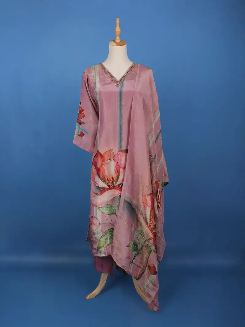Dusty Mauve Floral Printed Silk Salwar Suit 1