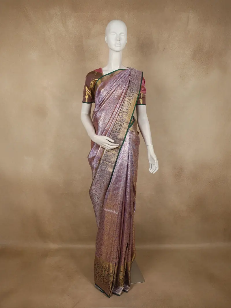 Dusty Mauve Floral Zari Woven Design Pure Kanchipuram Silk Saree With Contrast Zari Border 1