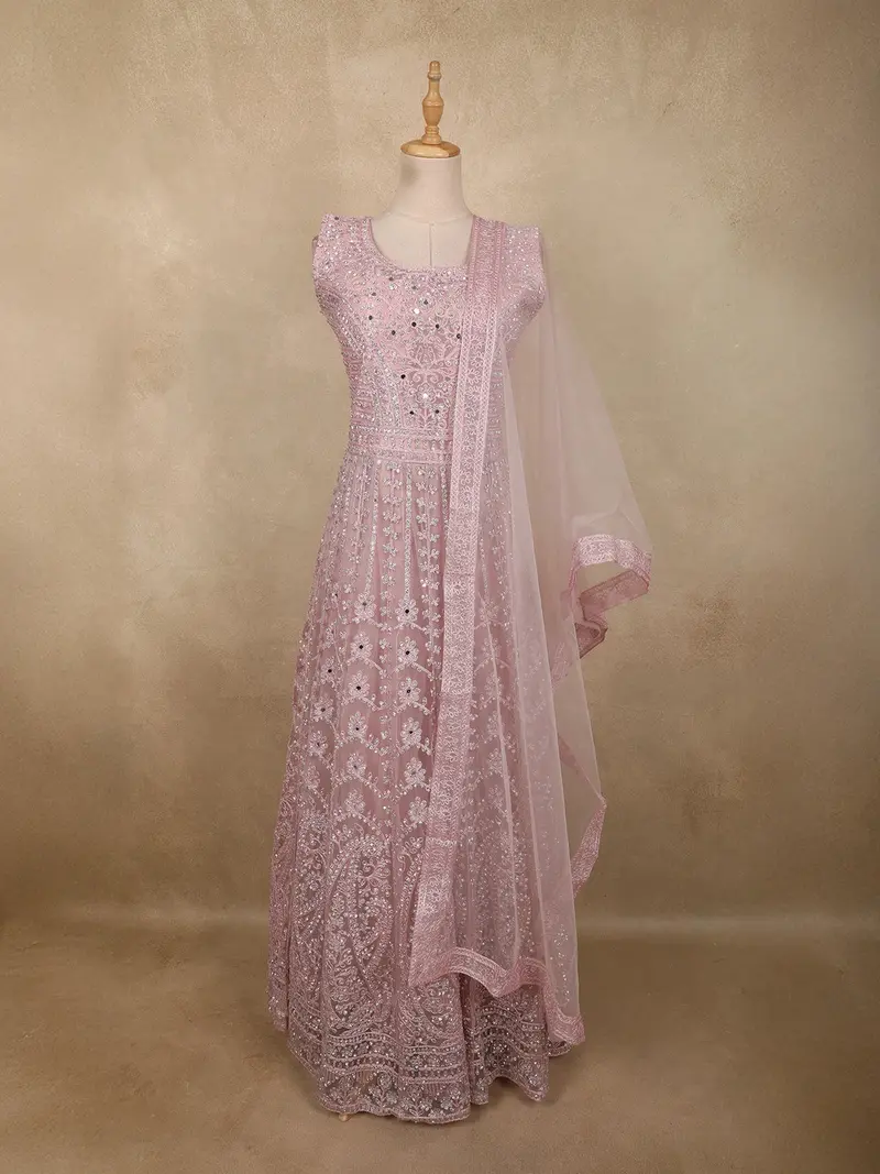 Dusty Mauve Pink Mirror And Beads Embroidered Design Net Gown With Dupatta 1