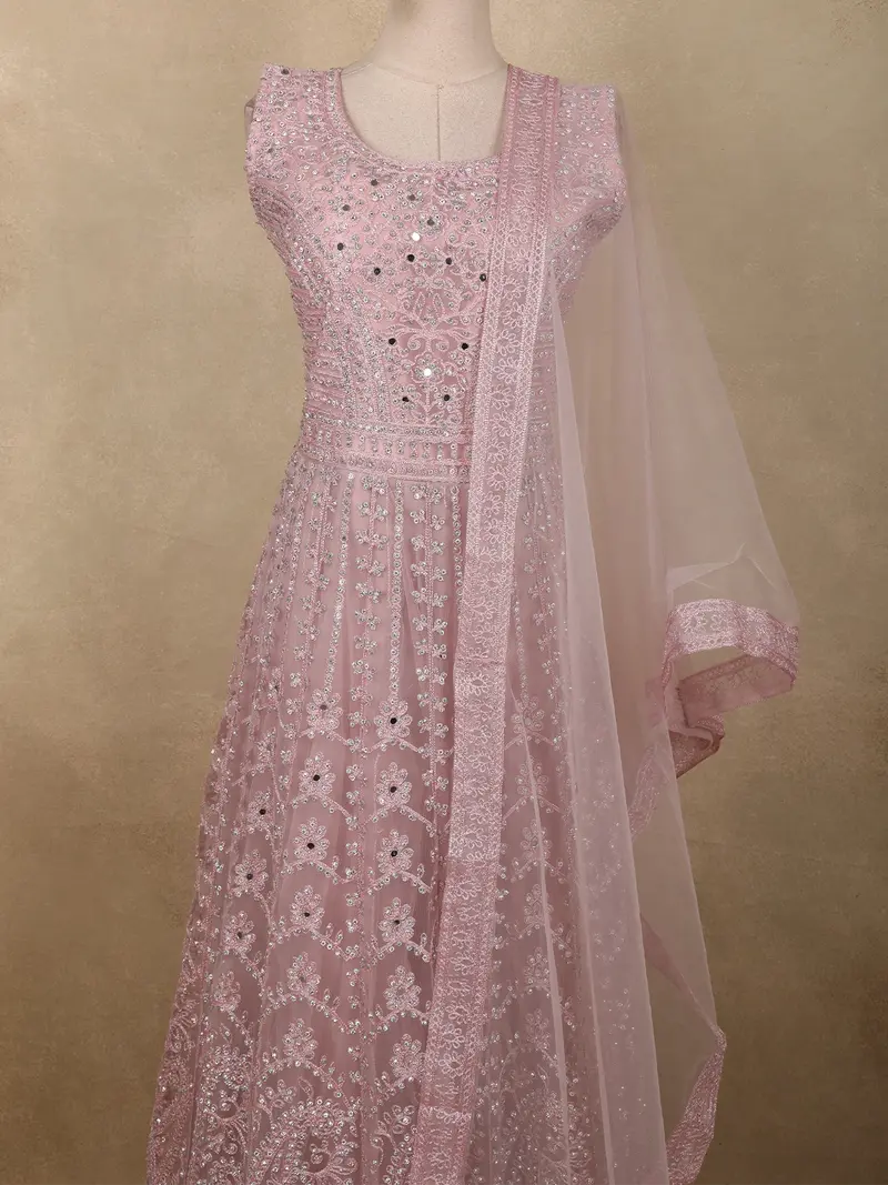 Dusty Mauve Pink Mirror And Beads Embroidered Design Net Gown With Dupatta 2