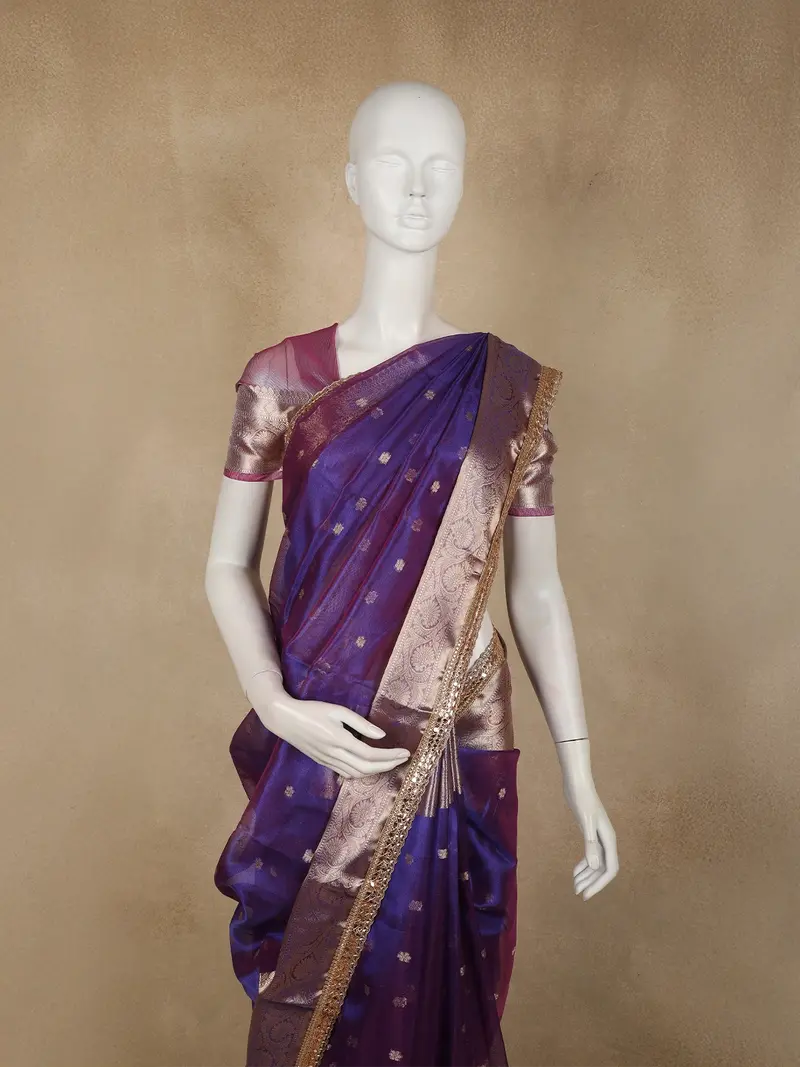 Dusty Mauve Purple Butta Woven Design Tissue Silk Saree With Designer Border 2