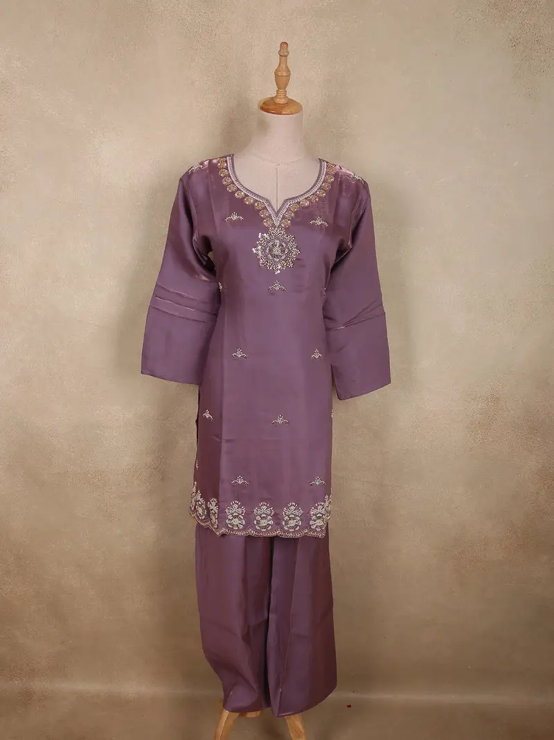 Dusty Mauve Purple Floral Beads Embroidered Design Organza Palazzo Suit 1