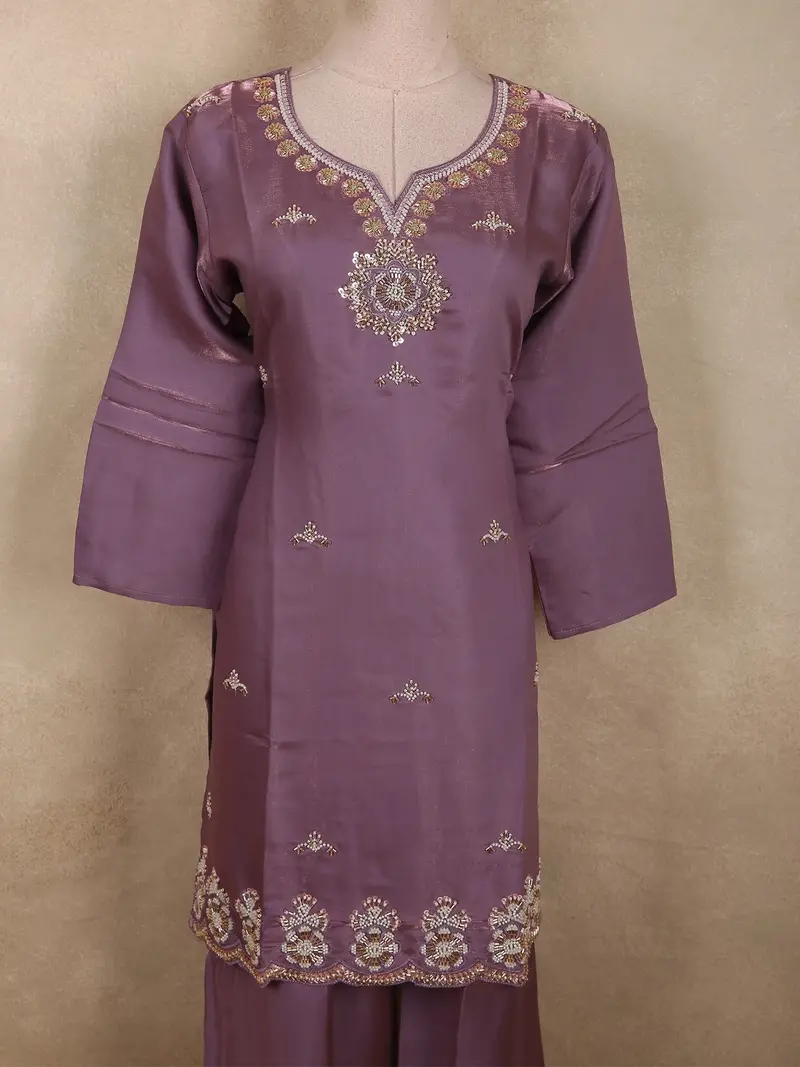 Dusty Mauve Purple Floral Beads Embroidered Design Organza Palazzo Suit 2