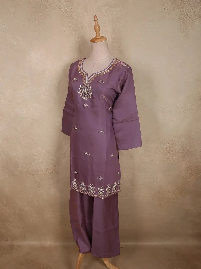 Dusty Mauve Purple Floral Beads Embroidered Design Organza Palazzo Suit 3