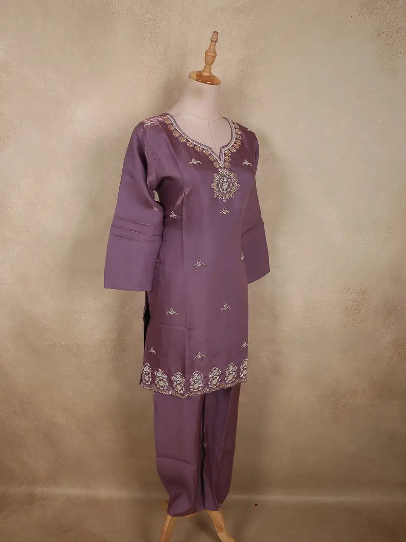 Dusty Mauve Purple Floral Beads Embroidered Design Organza Palazzo Suit 4