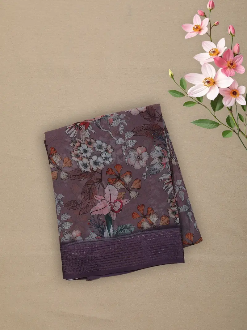 Dusty Mauve Purple Floral Printed Design Chiffon Saree 1