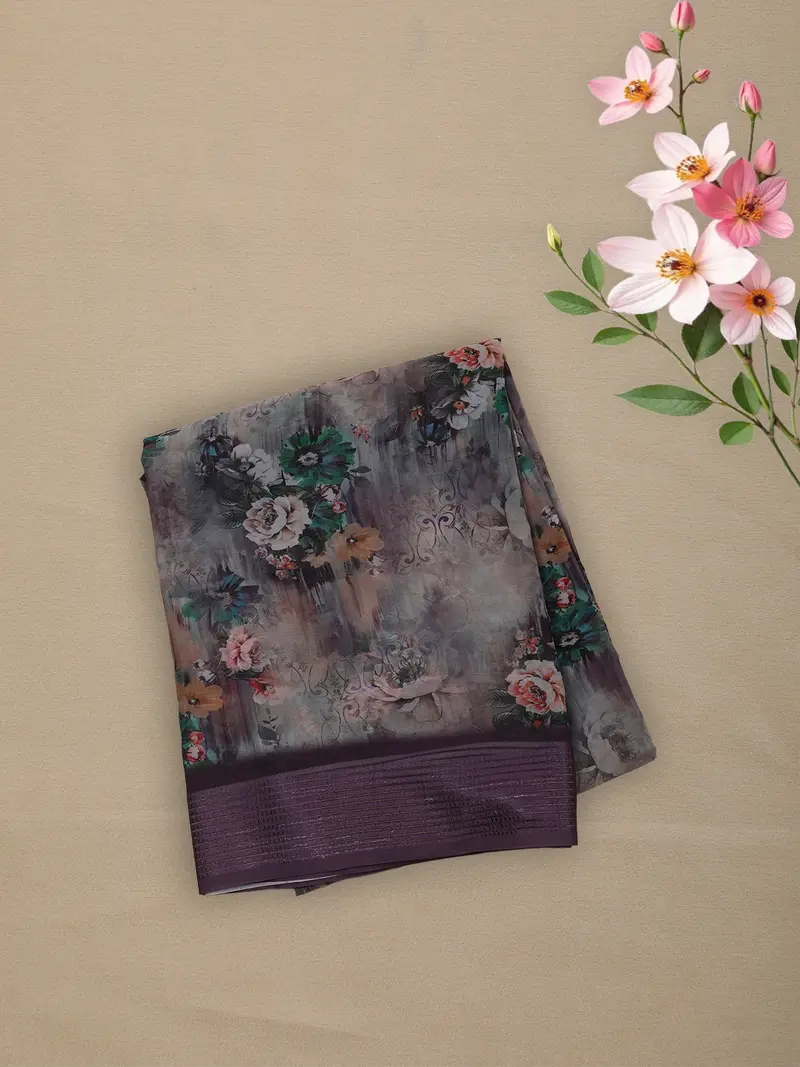 Dusty Mauve Purple Floral Printed Design Chiffon Saree 1