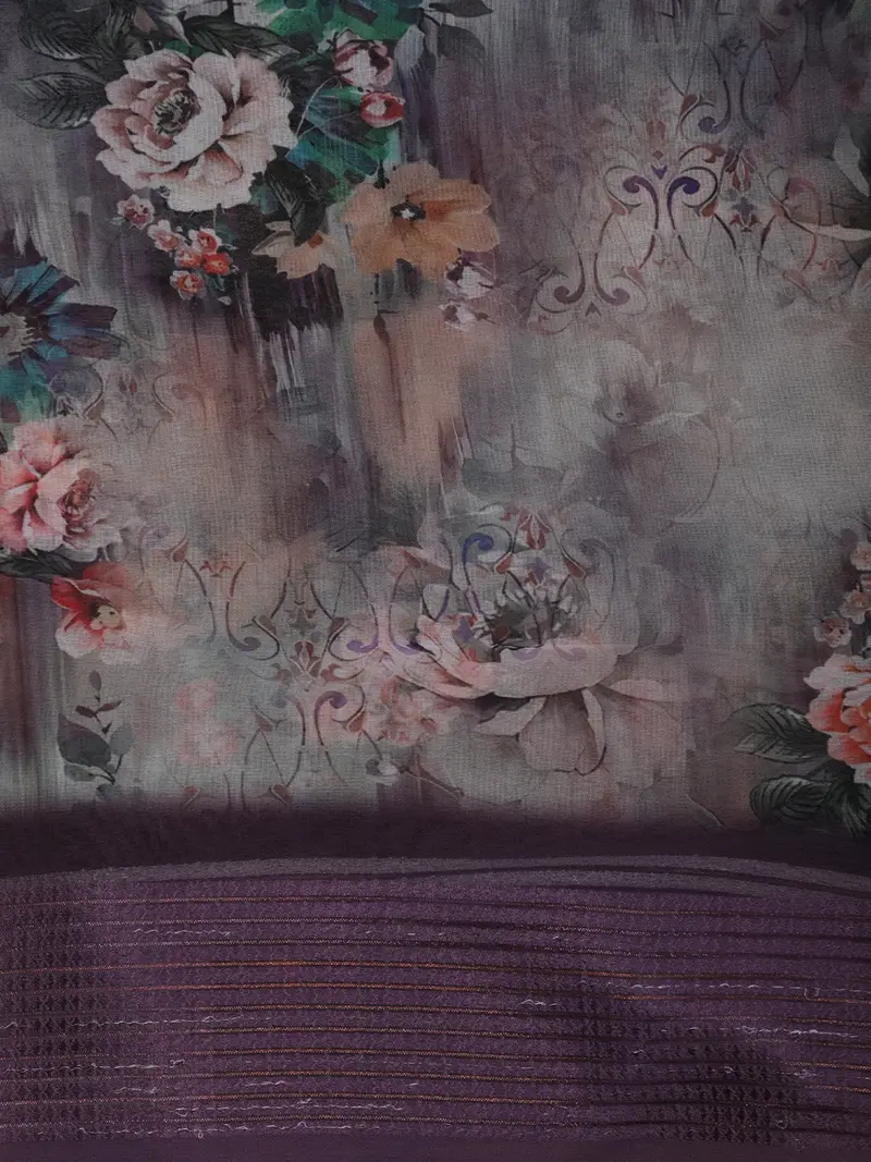 Dusty Mauve Purple Floral Printed Design Chiffon Saree 2