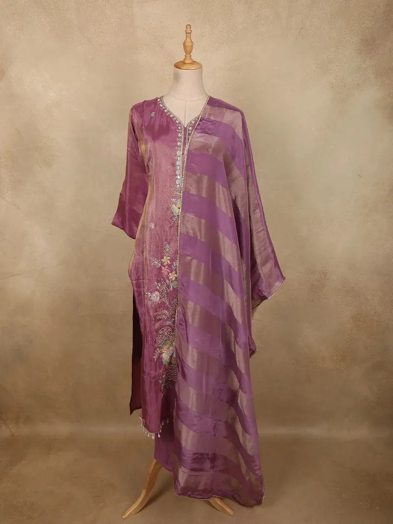 Dusty Mauve Purple Floral Thread And Beads Embroidered Design Tissue Silk Salwar Suit 1