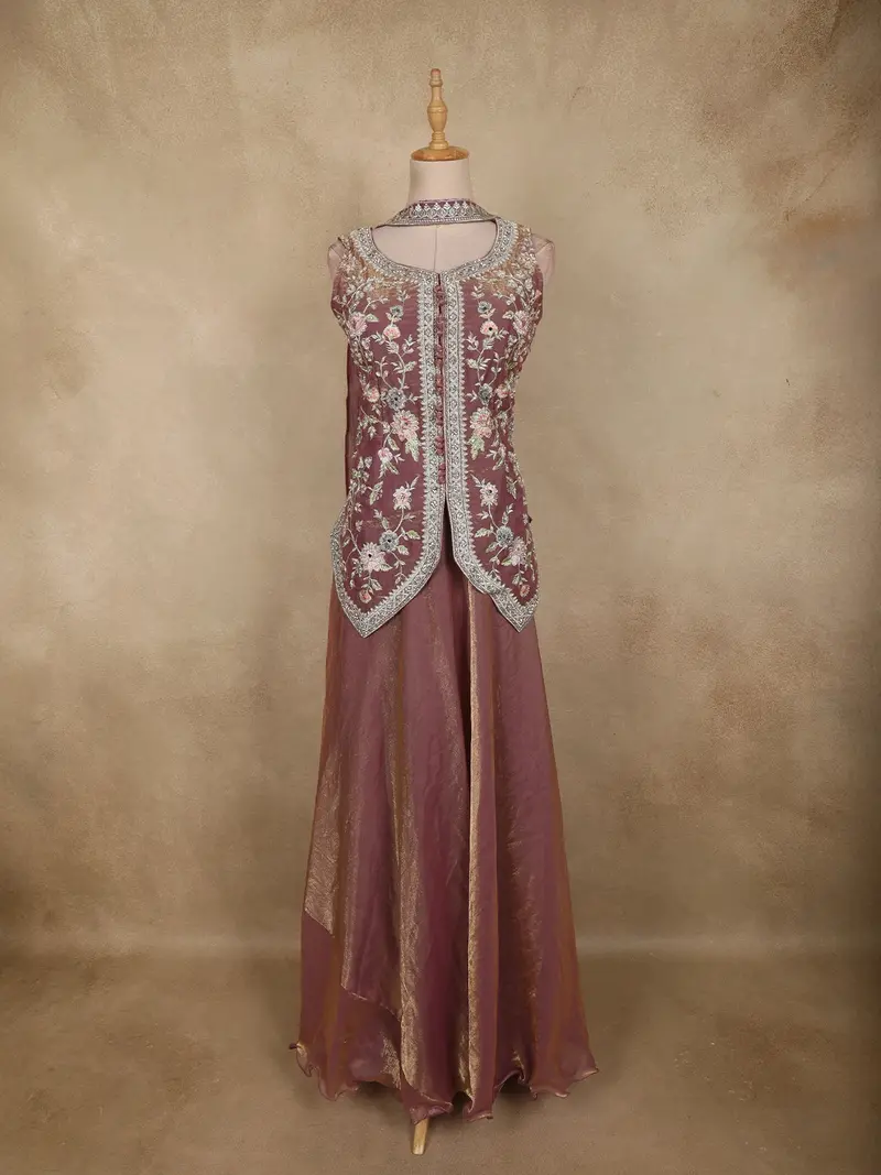 Dusty Mauve Purple Thread Embroidered Design Organza Lehenga With Dupatta 1