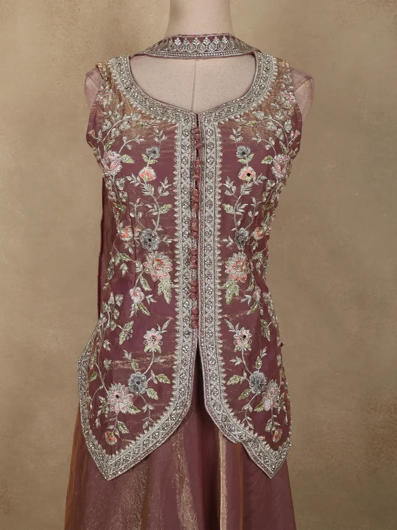 Dusty Mauve Purple Thread Embroidered Design Organza Lehenga With Dupatta 2