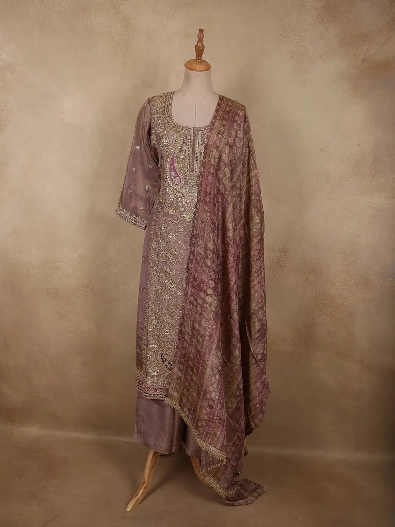 Dusty Mauve Rose Floral Sequins Embroidered Design Tissue Silk Palazzo Suit With Dupatta 1