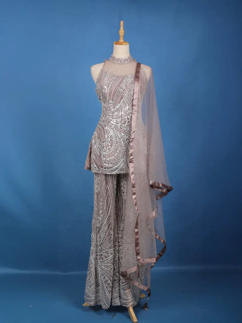 Dusty Mauve Sequins Embroidered Net Palazzo Suit With Dupatta 1