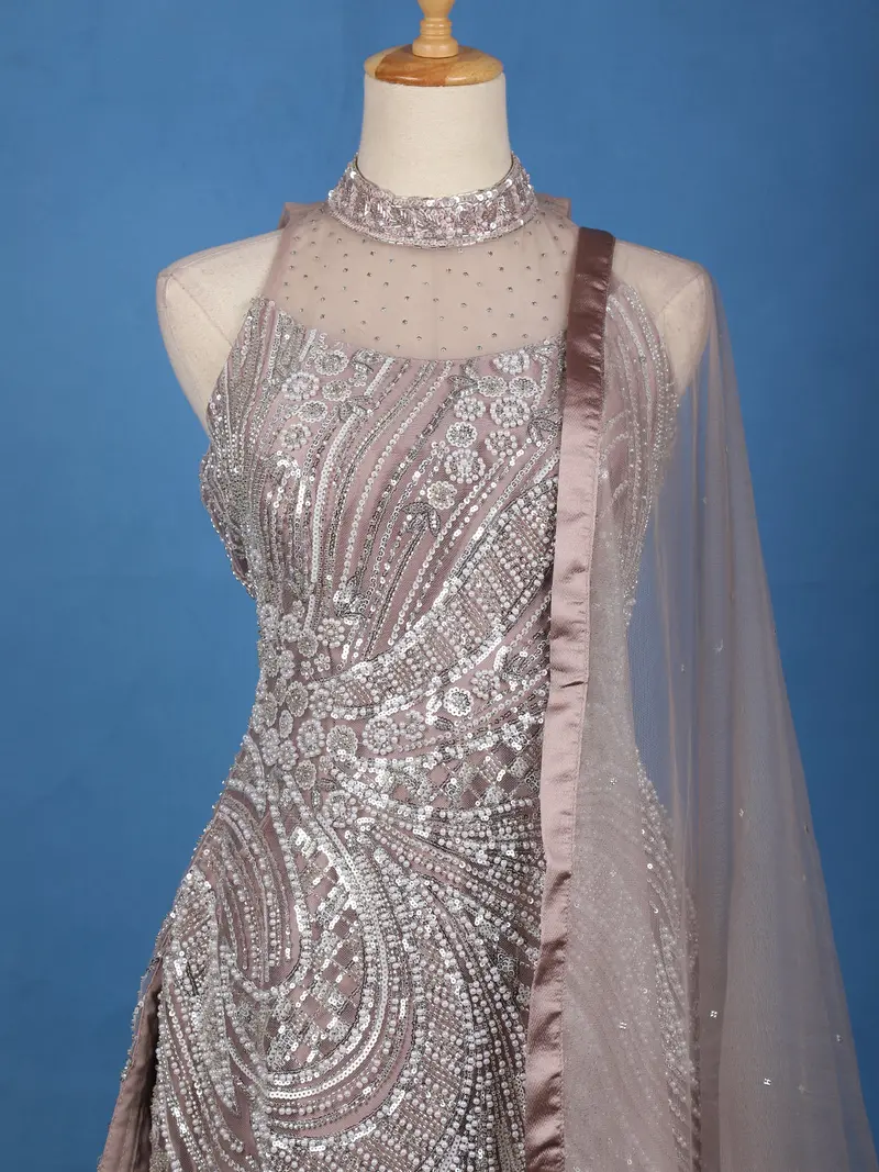 Dusty Mauve Sequins Embroidered Net Palazzo Suit With Dupatta 2