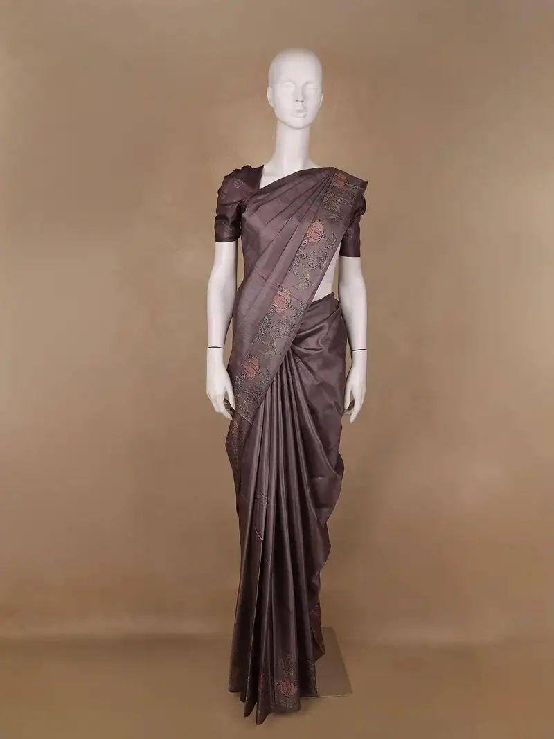 Dusty Mauve Solid Design Semi Tussar Saree With Floral Printed Border 1