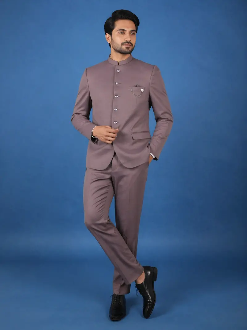 Dusty Mauve Textured Solid Polyester Men's Suit With Pocket Chain Detailing 1