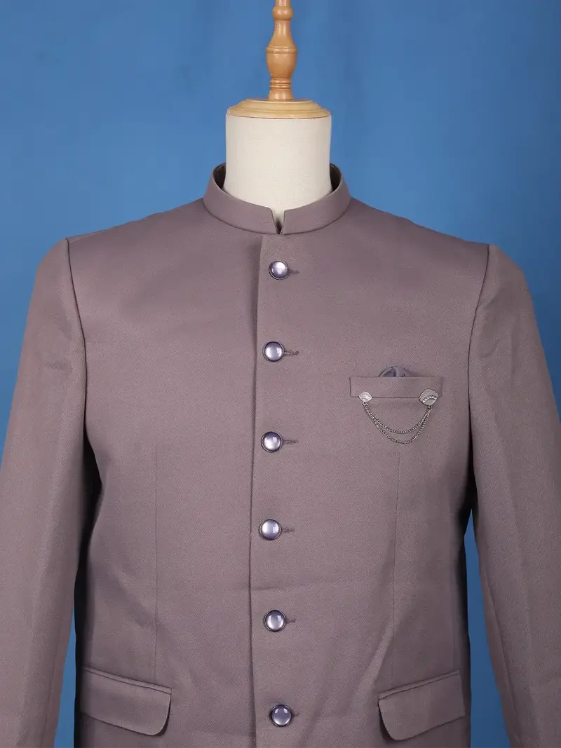 Dusty Mauve Textured Solid Polyester Men's Suit With Pocket Chain Detailing 3