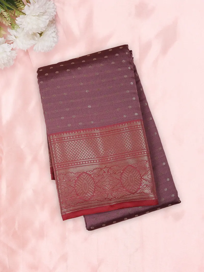 Dusty Mauve Wine Purple Butta Zari Woven Design Semi Silk Saree With Contrast Floral Border 1