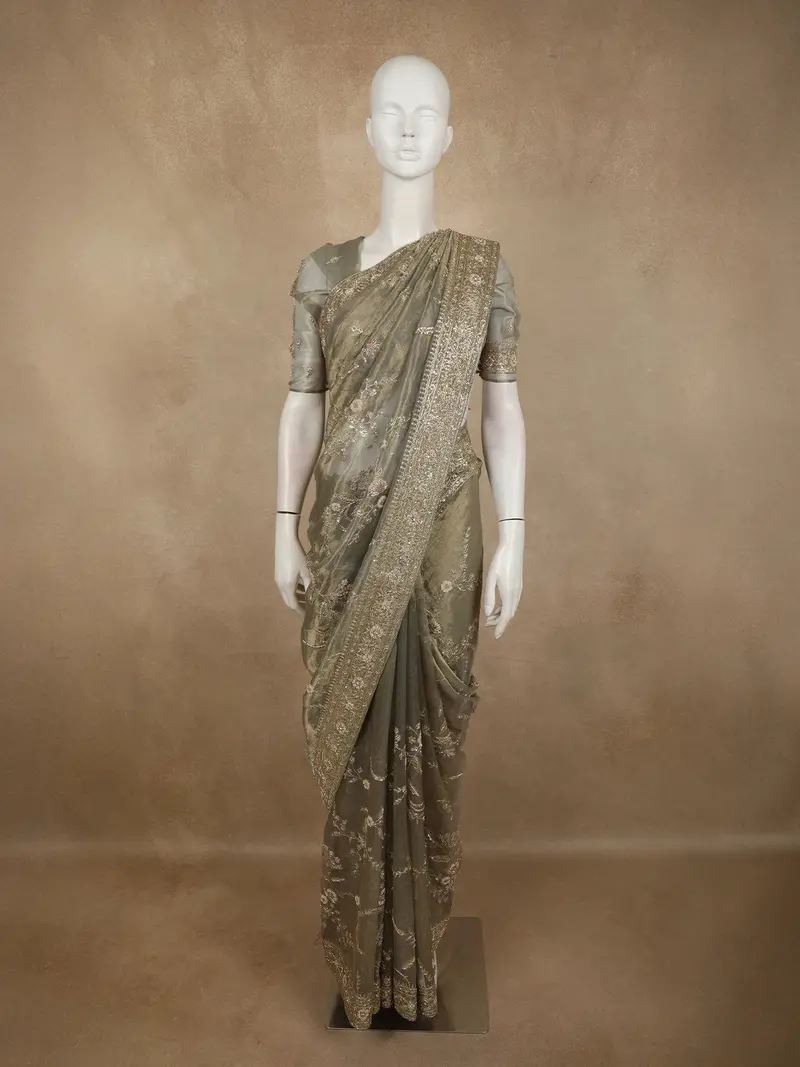 Dusty Olive Green Floral Sequins And Zardozi Embroidered Design Pure Tissue Bridal Saree With Designer Border 1
