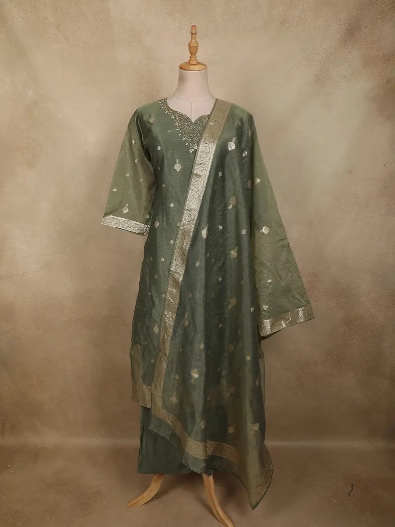Dusty Olive Green Floral Zari Embroidered Design Tissue Silk Salwar Suit 1