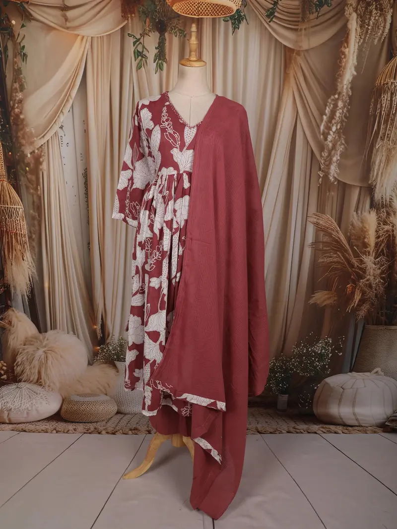 Dusty Onion Pink Floral Printed Design Cotton Anarkali Salwar Suit With Dupatta 1