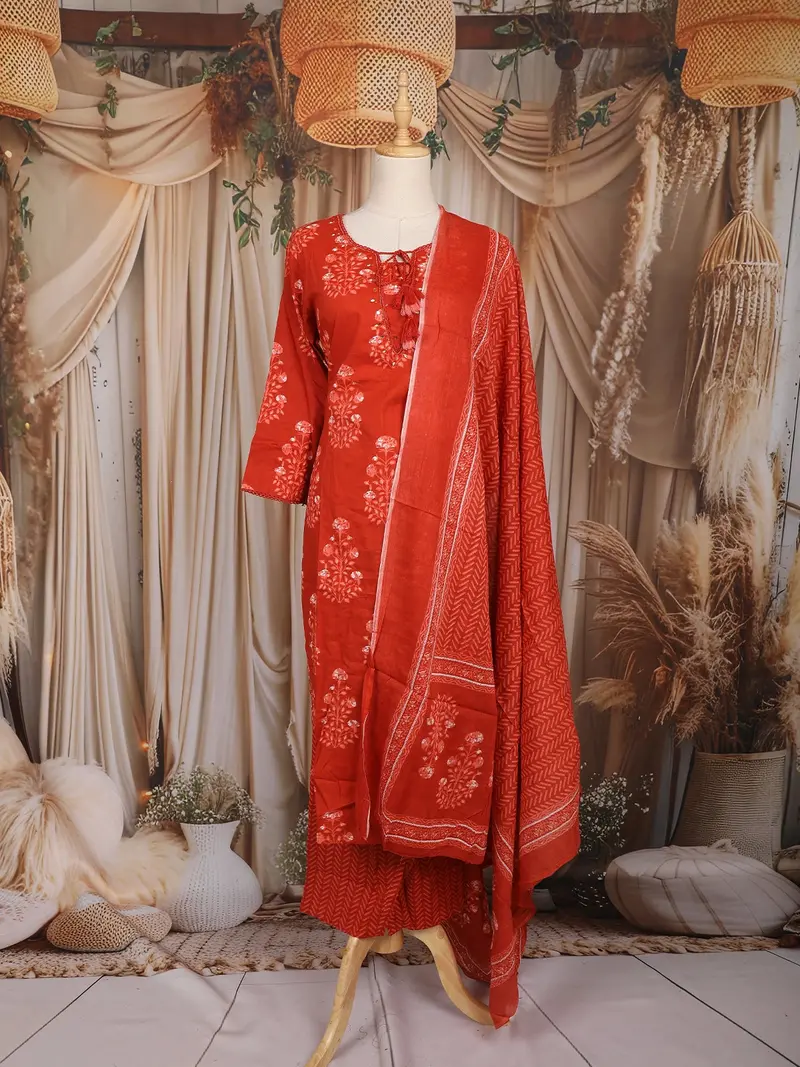 Dusty Orange Floral Printed Design Cotton Straight Cut Salwar Suit With Dupatta 1