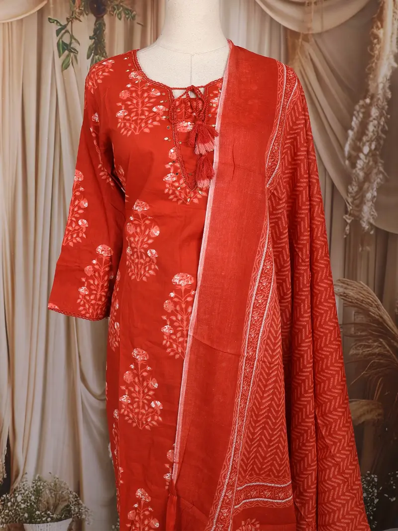 Dusty Orange Floral Printed Design Cotton Straight Cut Salwar Suit With Dupatta 2
