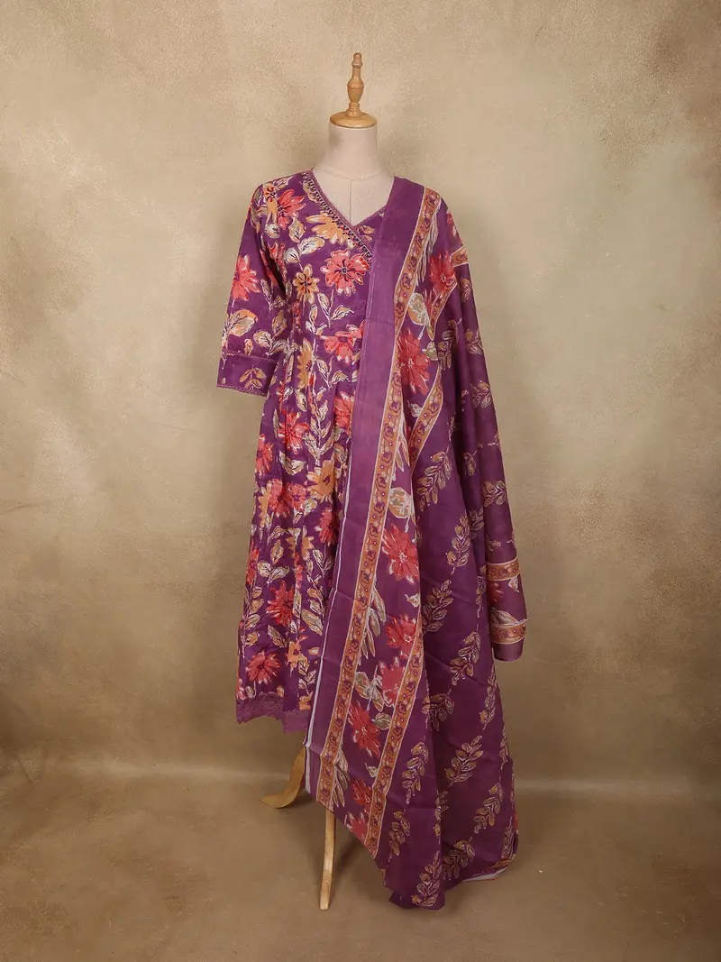 Dusty Orchid Purple Floral Printed Design Cotton Anarkali Salwar Suit With Dupatta 1