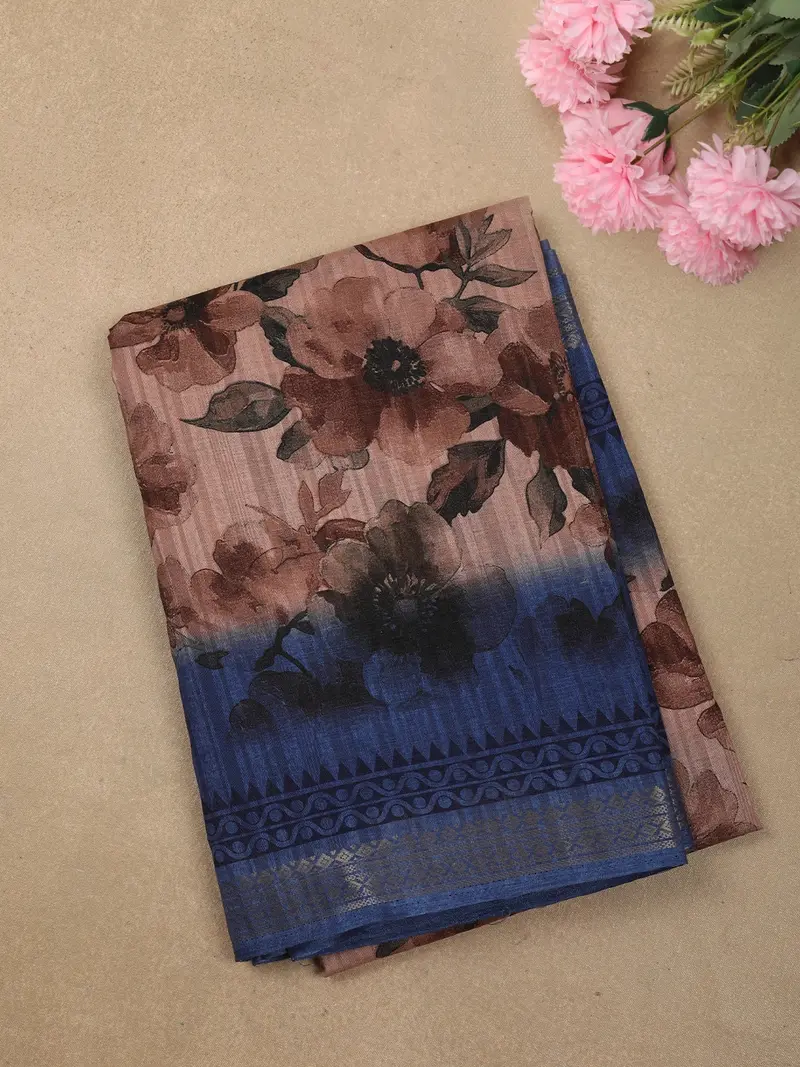 Dusty Peach Floral Printed Design Crepe Saree With Contrast Zari Border 1