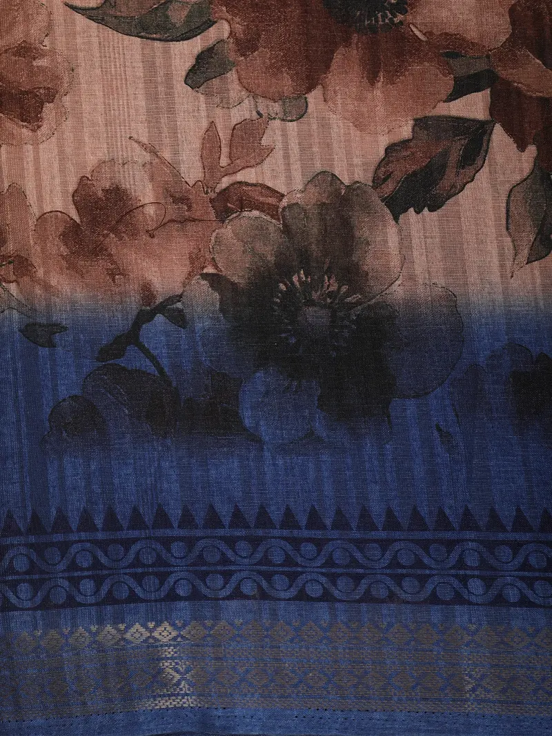 Dusty Peach Floral Printed Design Crepe Saree With Contrast Zari Border 2