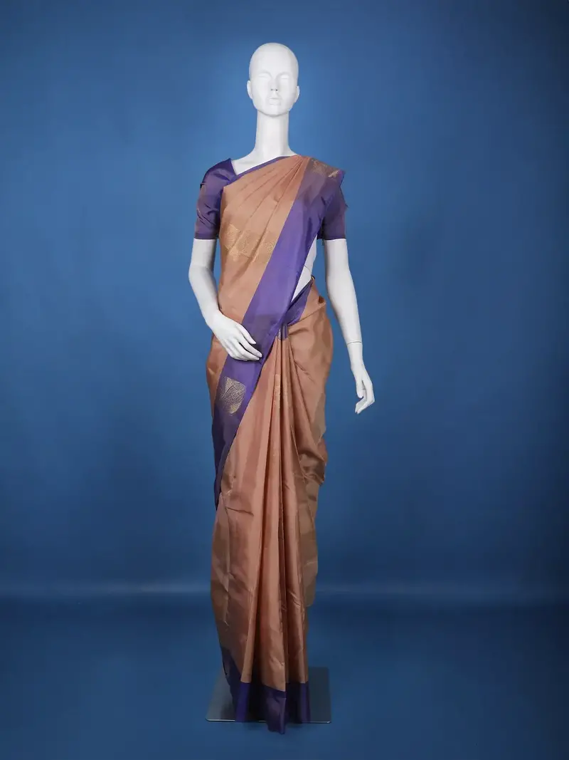 Dusty Peach Leaf Design Zari Woven Soft Silk Saree 1