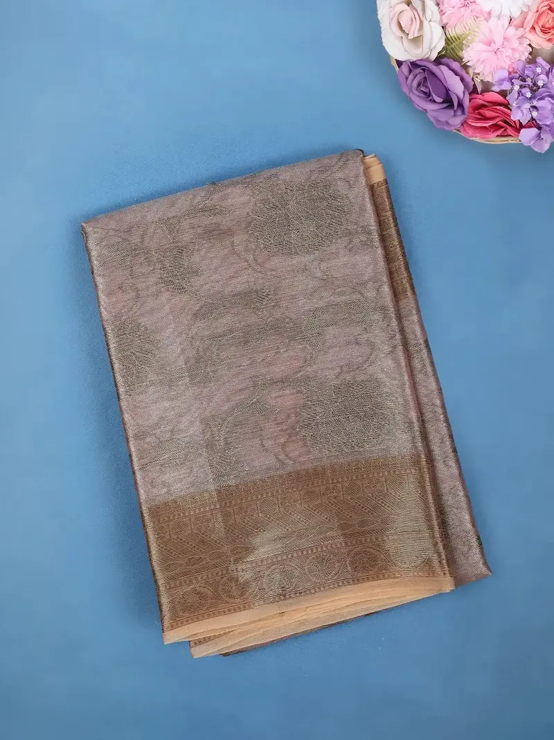 Dusty Peach Pink Floral Design Tissue Silk Saree 1