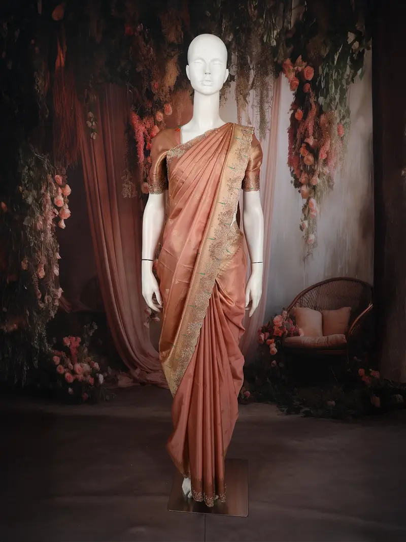 Dusty Peach Rose Floral Butta Zari Woven Design Pure Satin Saree With Scalloped Border 1