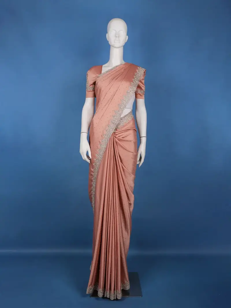 Dusty Peach Stone Embellishment Satin Saree 1