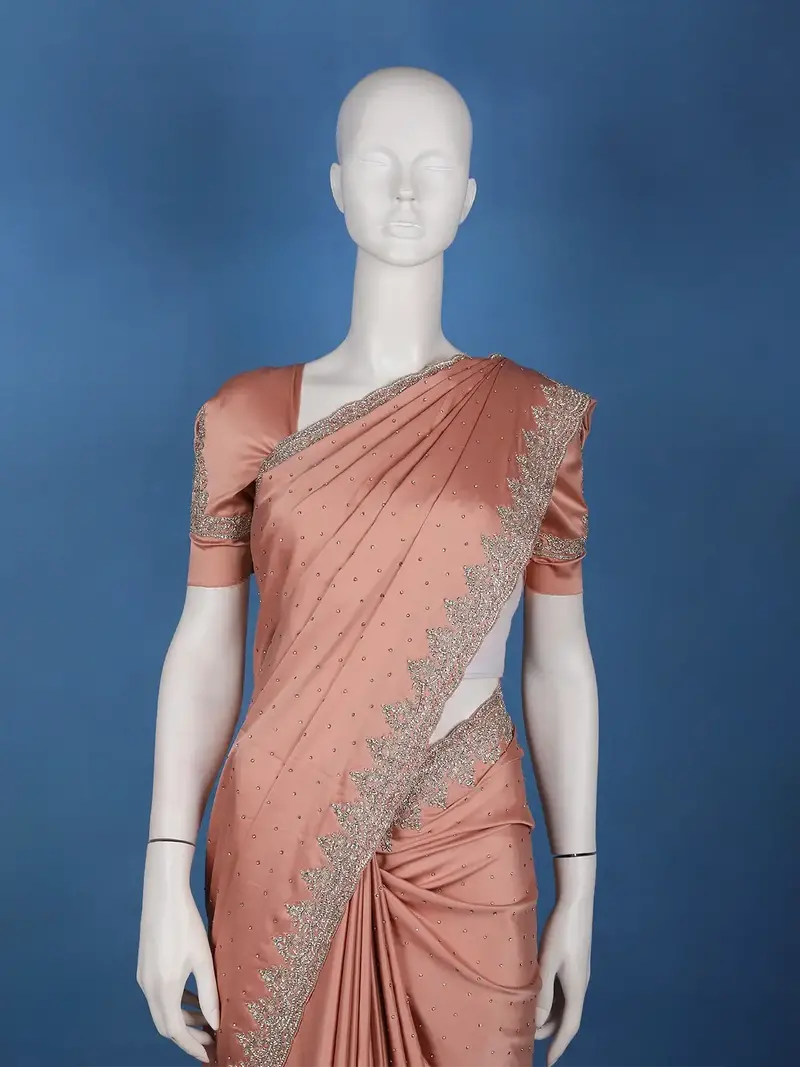 Dusty Peach Stone Embellishment Satin Saree 2