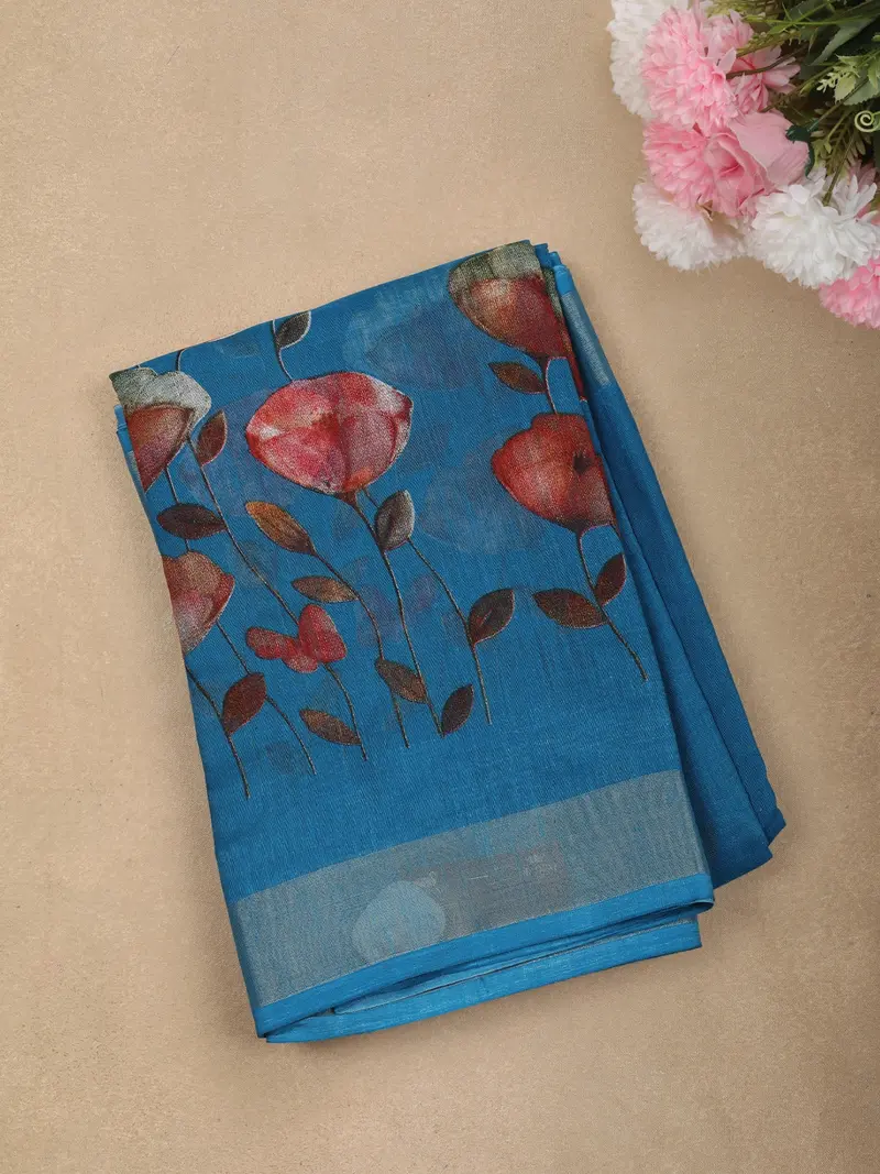 Dusty Peacock Blue Floral Printed Design Linen Cotton Casual Wear Saree 1