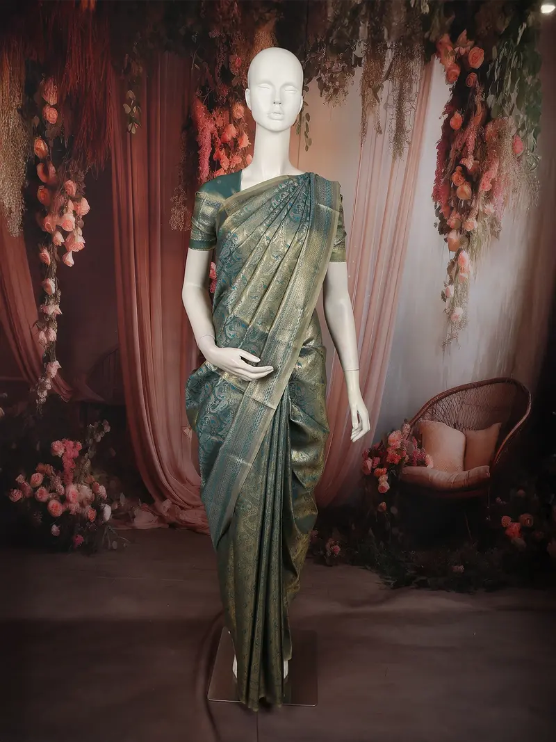 Dusty Peacock Teal Blue Paisley Zari Woven Design Tissue Silk Saree With Zari Border 1