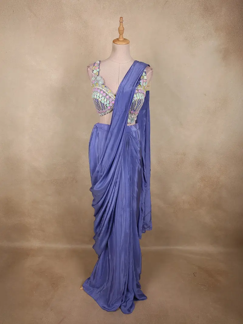 Dusty Periwinkle Blue Solid Design Satin Ready To Wear Draped Saree With Designer Blouse 1