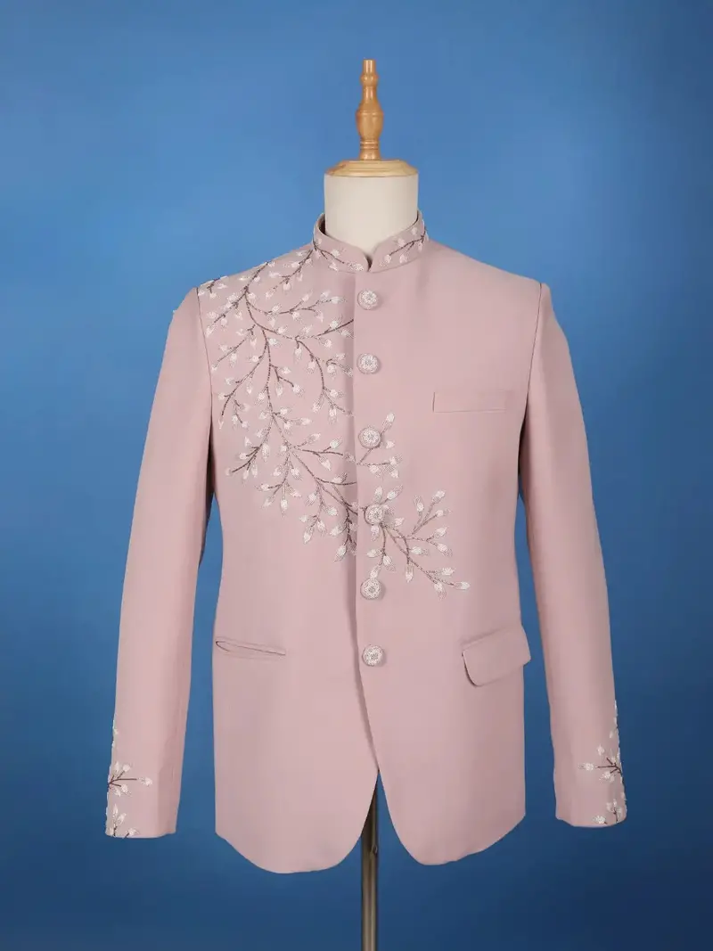 Dusty Pink Floral Bead Embroidery Polyester Men's Suit Set 1