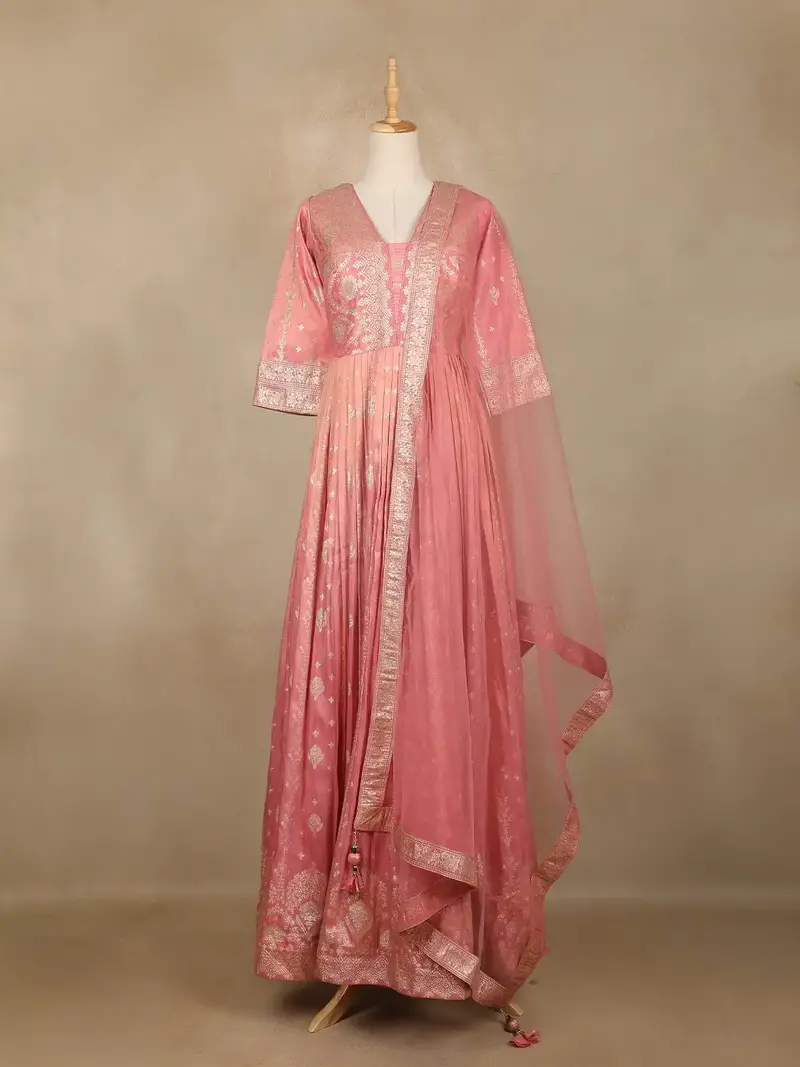 Dusty Pink Floral Design Silk Anarkali Salwar Suit 1