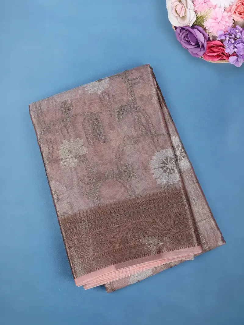 Dusty Pink Floral Design Tissue Silk Saree 1