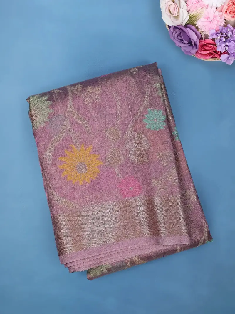 Dusty Pink Floral Design Zari Work Tissue Silk Saree 1