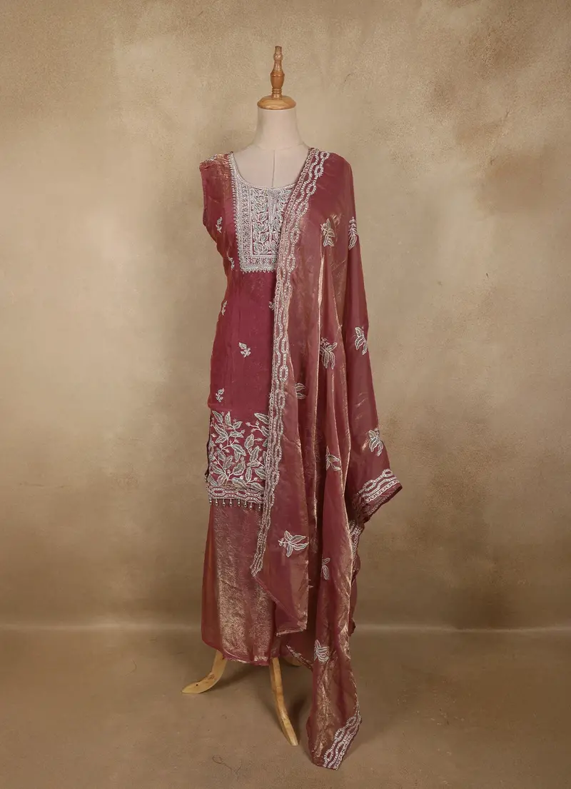 Dusty Pink Floral Embroidered And Stone Embellished Design Organza Palazzo Suit 1