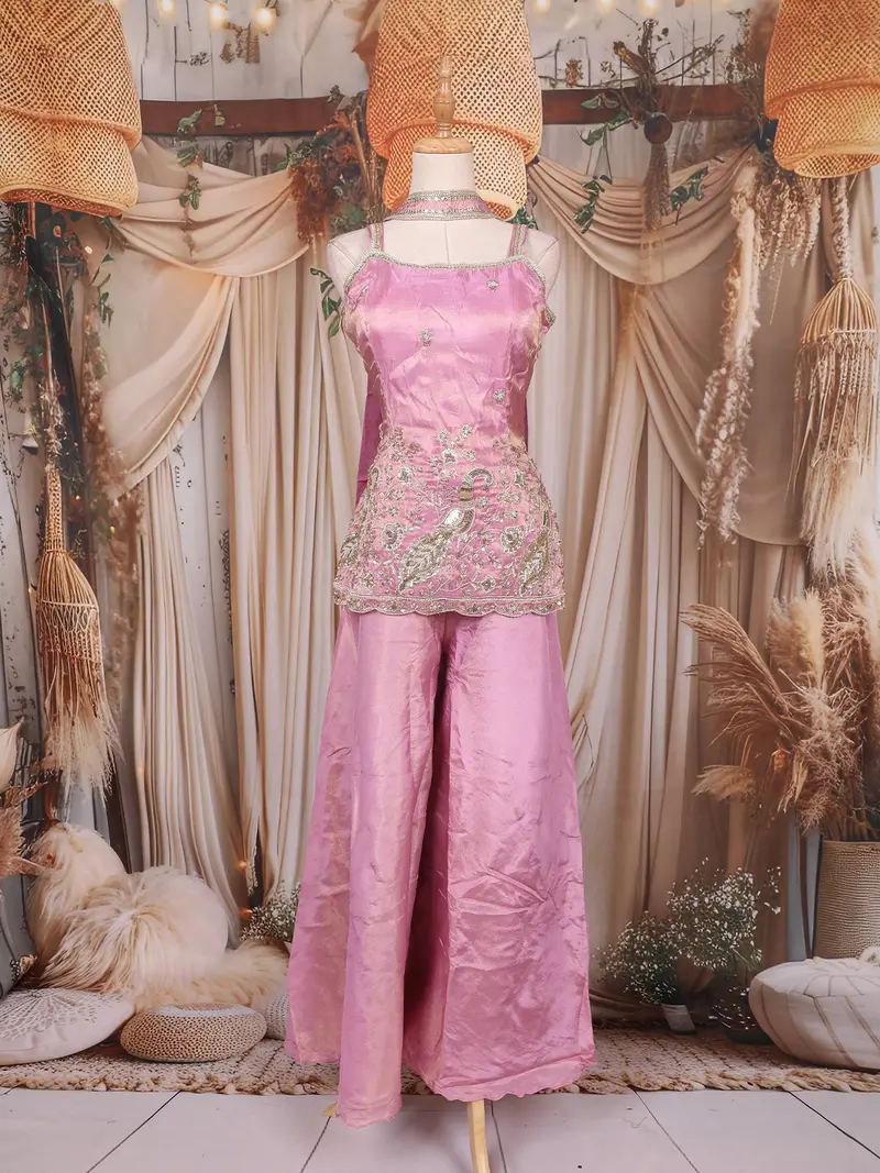 Dusty Pink Floral Embroidered Design Tissue Silk Palazzo Suit 1