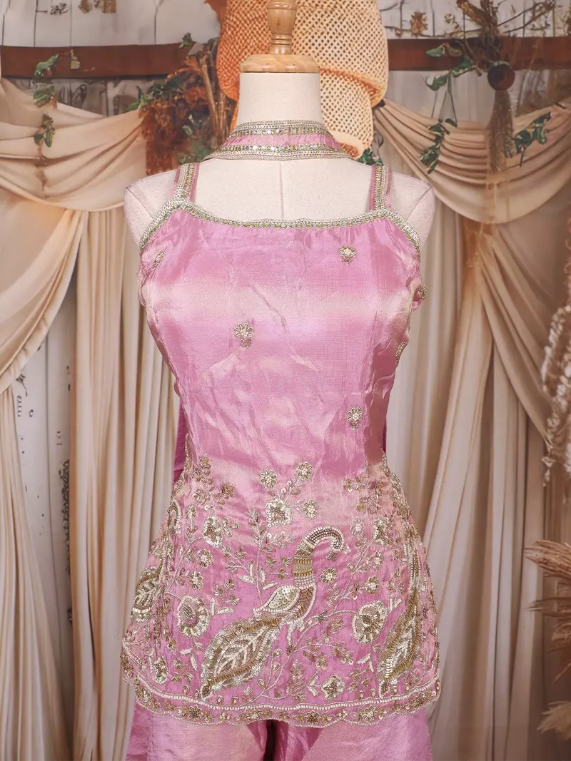 Dusty Pink Floral Embroidered Design Tissue Silk Palazzo Suit 2