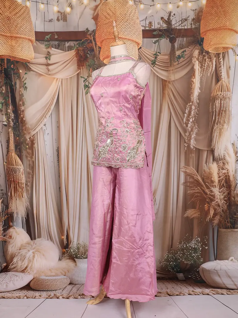 Dusty Pink Floral Embroidered Design Tissue Silk Palazzo Suit 3