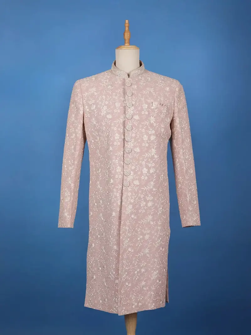 Dusty Pink Floral Embroidered Polyester Sherwani Suit 1