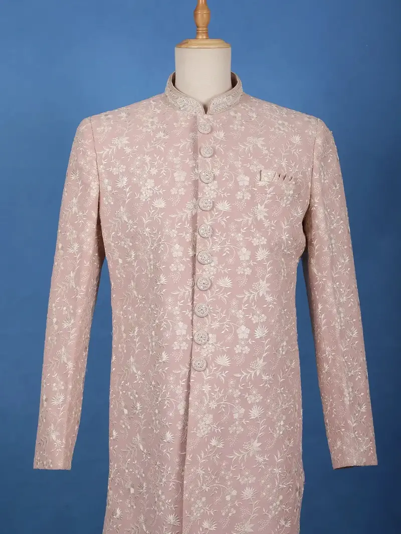 Dusty Pink Floral Embroidered Polyester Sherwani Suit 2
